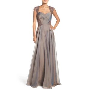 La Femme Cocoa Ruched Chiffon A-Line Sweetheart Cap Sleeve Formal Gown 14 NWT